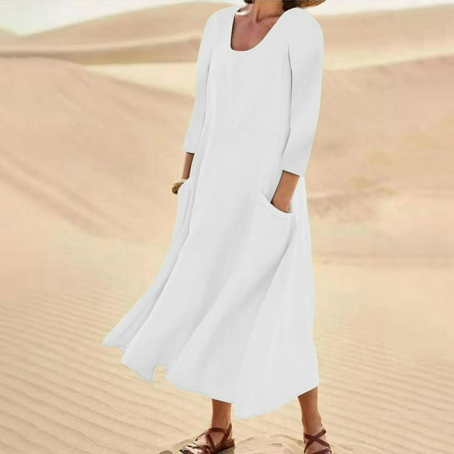 Robes de Printemps pour Femmes Robe d'Été 2023 Décontractée Mode Coton Uni et Manches Courtes Mi-Longue