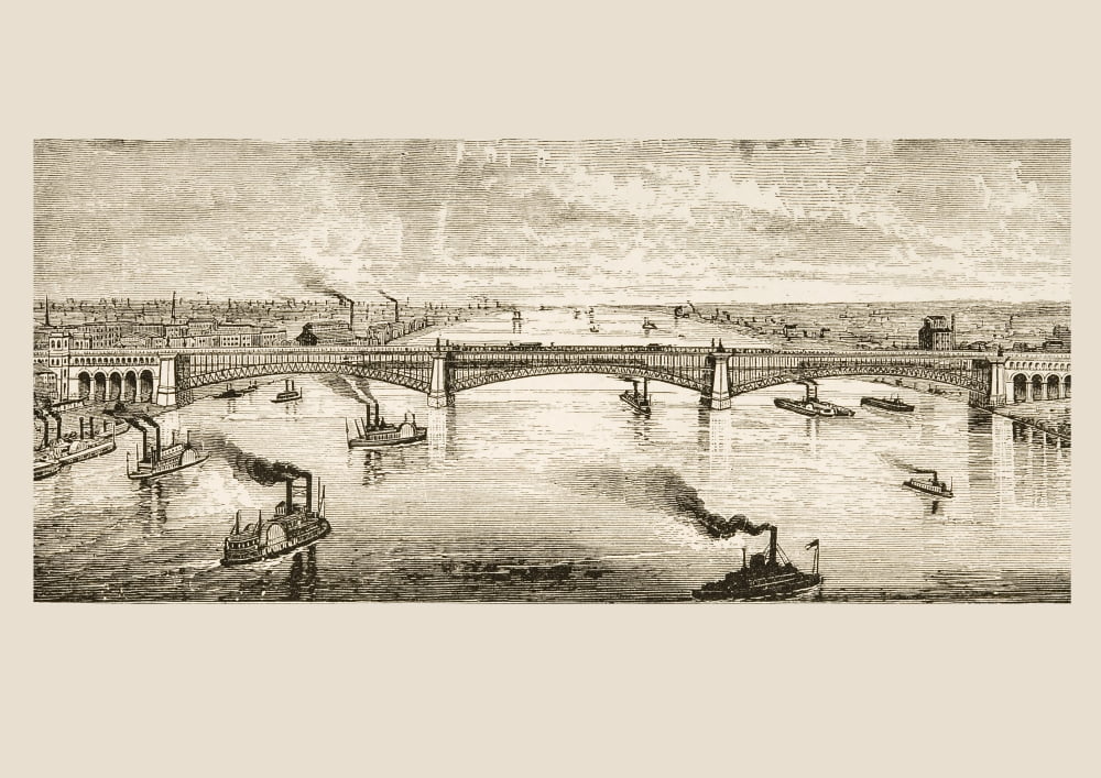 Great Steel Bridge Crossing Mississippi River At St Louis Missouri In 1870S From American Pictures Drawn With Pen And Pencil By Rev Samuel Manning Circa 1880 Canvas Art - Ken Welsh Design Pics (16 x