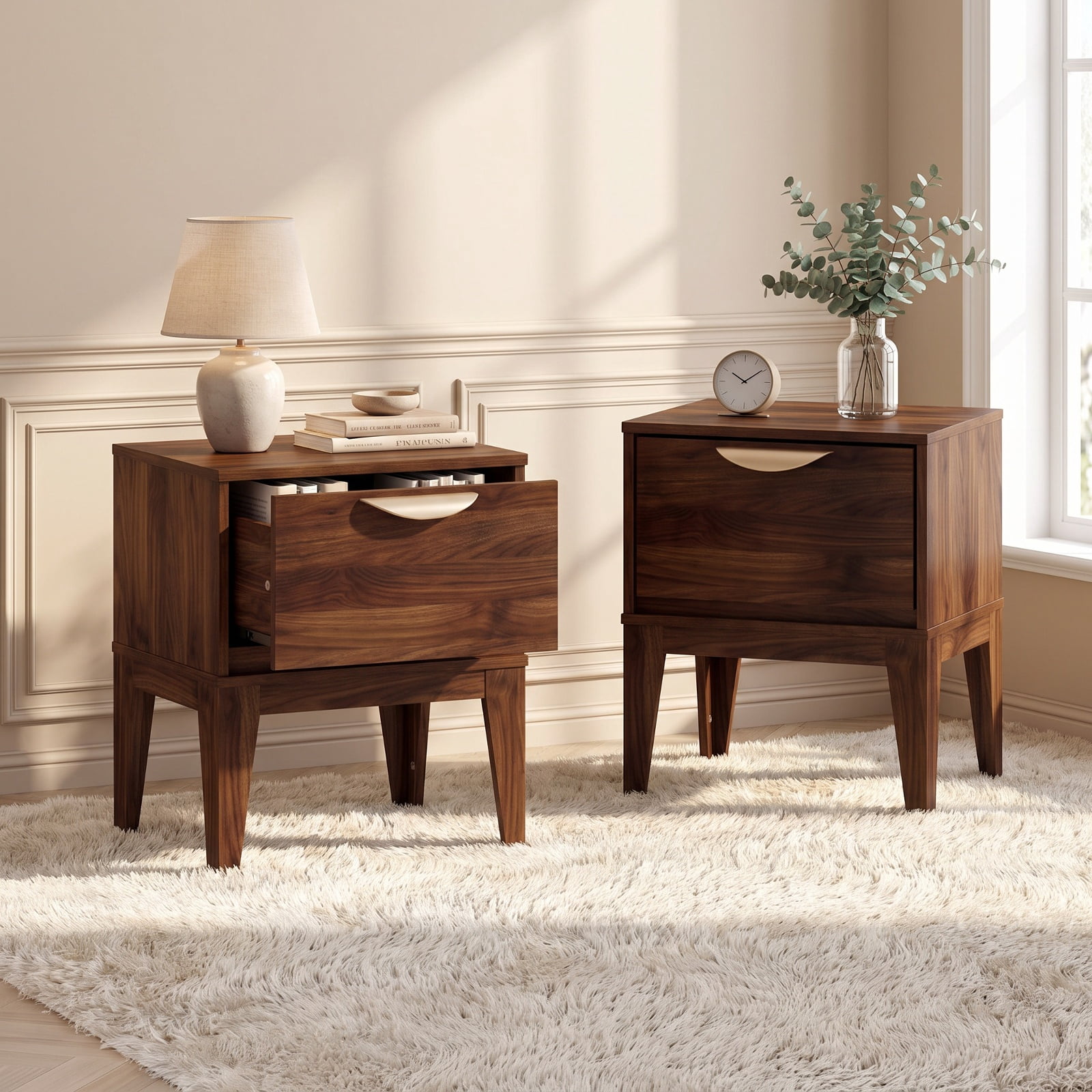 Furnibear Mid Century Modern Bedside Table with Drawer and Tapered Support Feet for Bedroom for Bedroom Living Room Bedside Sofa Side Small, Walnut