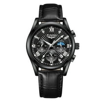 ZUNPAI Multifunction Chronograph Quartz Watches for Men，Analog Men's Wristwatch Stainless Steel Fashion Leather Strap Watch with Luminous Calendar Waterproof - Black