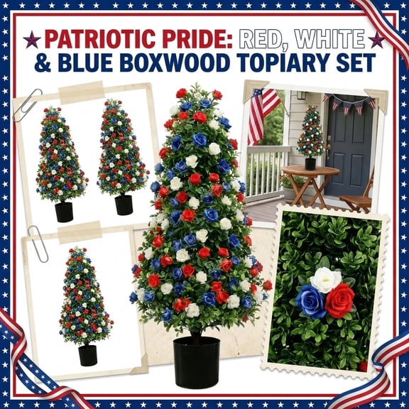 KUNPENG 2pc Patriotic Rose Tree for Independence Day, Faux Tree with Red White & Blue Blooms, UV Resistant Patio Plants for Outdoor Porch, Decorative Artificial Shrubs in Pots for Home Garden Decor
