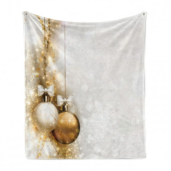 Christmas Soft Flannel Fleece Throw Blanket, Featured Xmas Baubles with Ribbon Holiday Wish Artwork Image Illustration, Cozy Plush for Indoor and Outdoor Use, 70" x 90", White and Beige, by Ambesonne