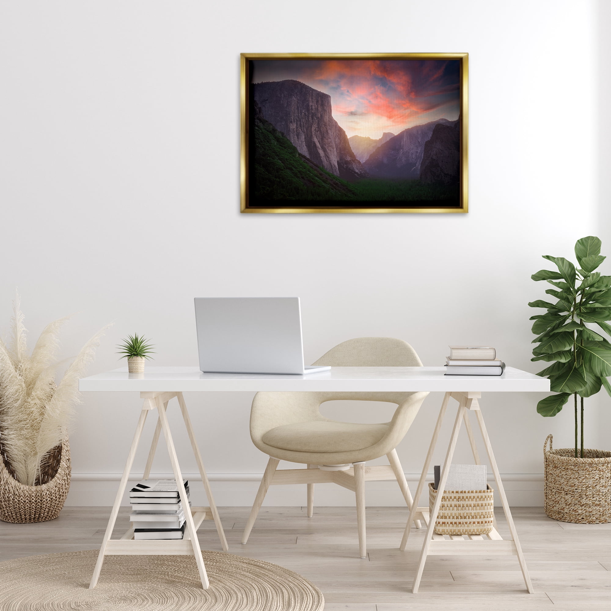 Stupell Industries Sunset Through Mountain Cliffs Landscape & Nature Photography Gold Floater Framed Canvas Art Print Wall Art, 31 x 21