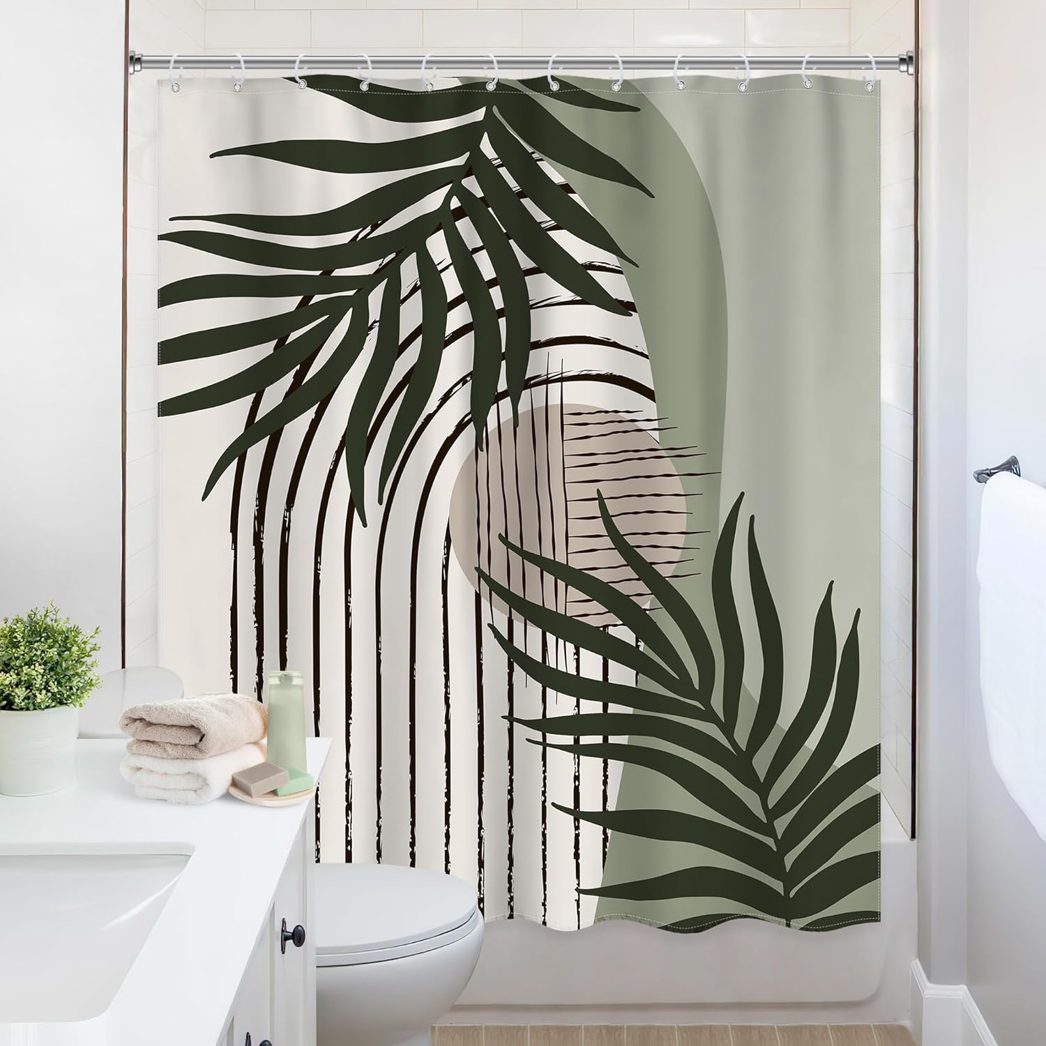Sage Green Abstract Boho Leaves Shower Curtain 72Wx72L Inch Mid Century Modern Geometric Sun Arch Minimalist Shower Curtain Bathroom Set Retro Plant Bath Curtain Bathtub Accessories Home Decor