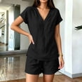 thumbnail image 5 of Pounoo Sets for Women 2 Piece V Neck Short Sleeve Top Elastic Waist Shorts Casual Summer Beach Vacation Matching Outfits, 5 of 9