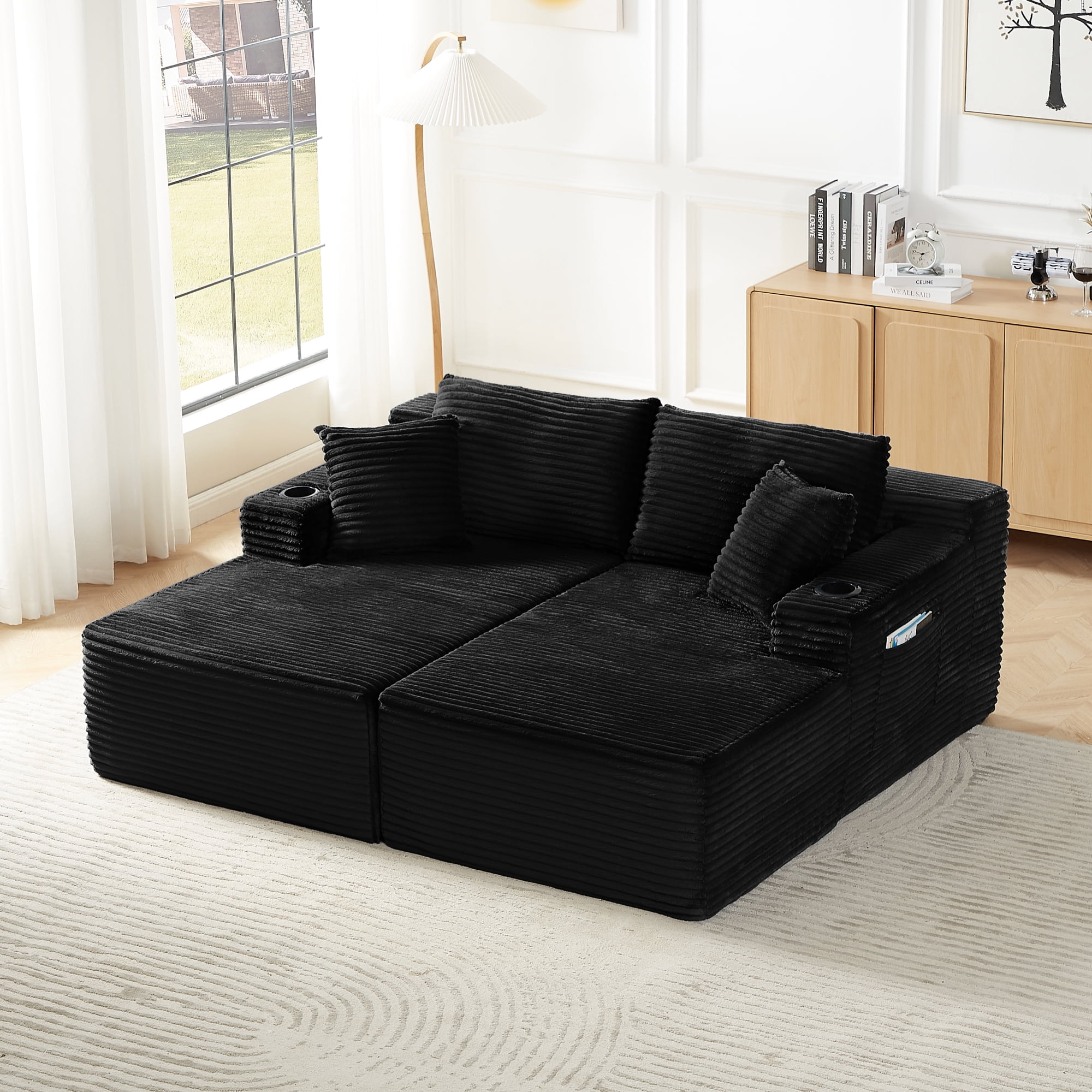 Leumius 133" Oversized Boneless Sectional Couches for Living Room,Modern Corduroy U Shaped Modular Sectional Sofa with Deep Seat,6-Seat Cloud Couch with Cupholders and Side Pockets,No Assembly,Black