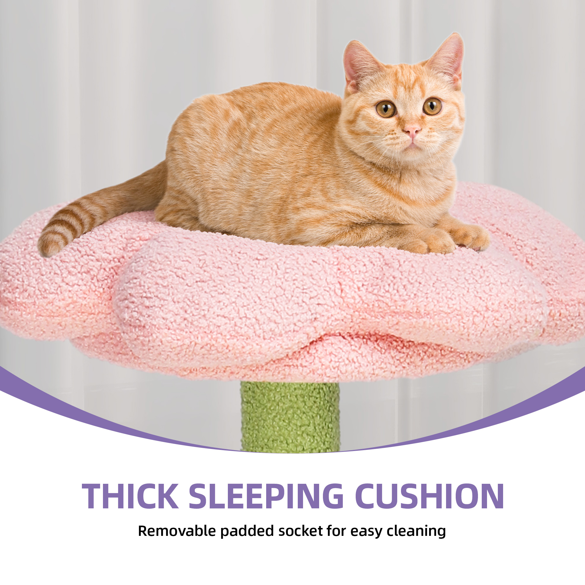 Dextrus 65" Tall Flower Cat Tree Tower, Indoor Cute Cat Climbing Tower with Cat Condo, Basket, Tunnel,Cute Sisal Scratching Posts and Board, Pink & Green