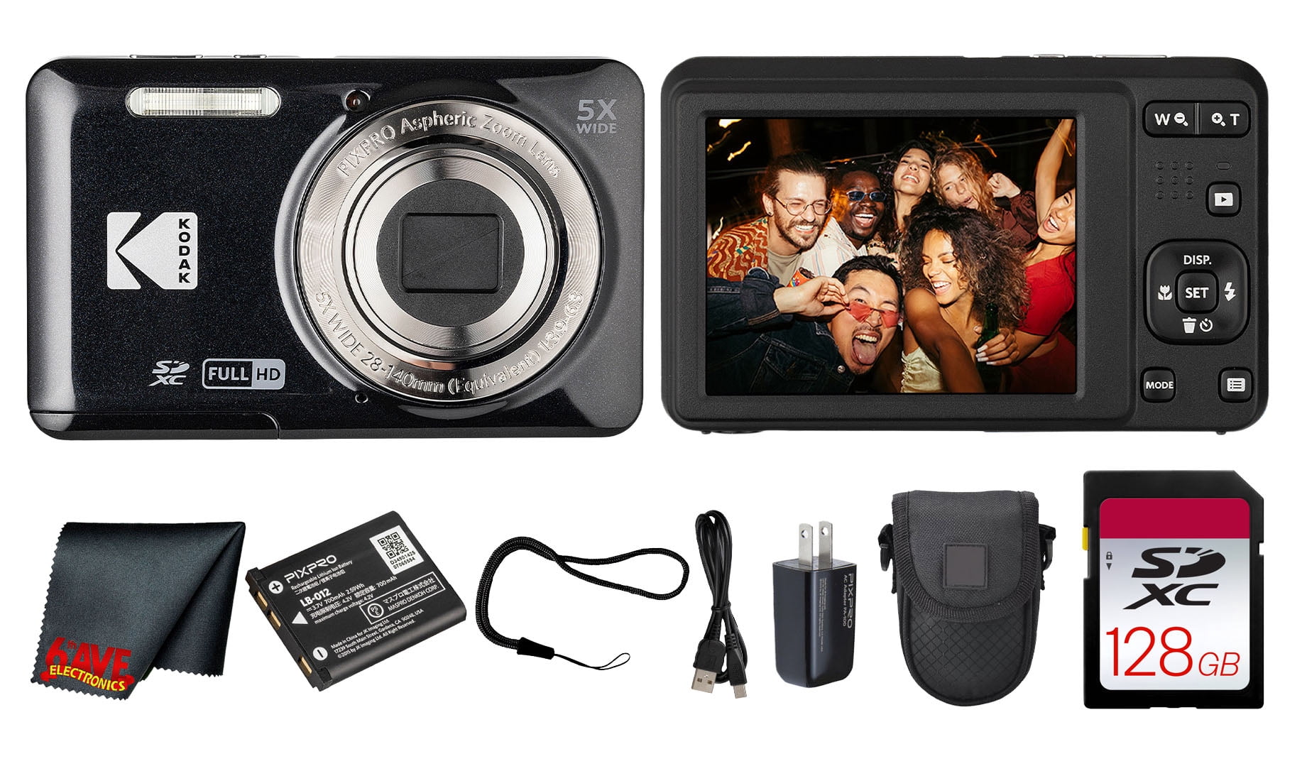 Kodak PIXPRO FZ55 Camera Bundle, Black with Case, 128GB SDXC Card