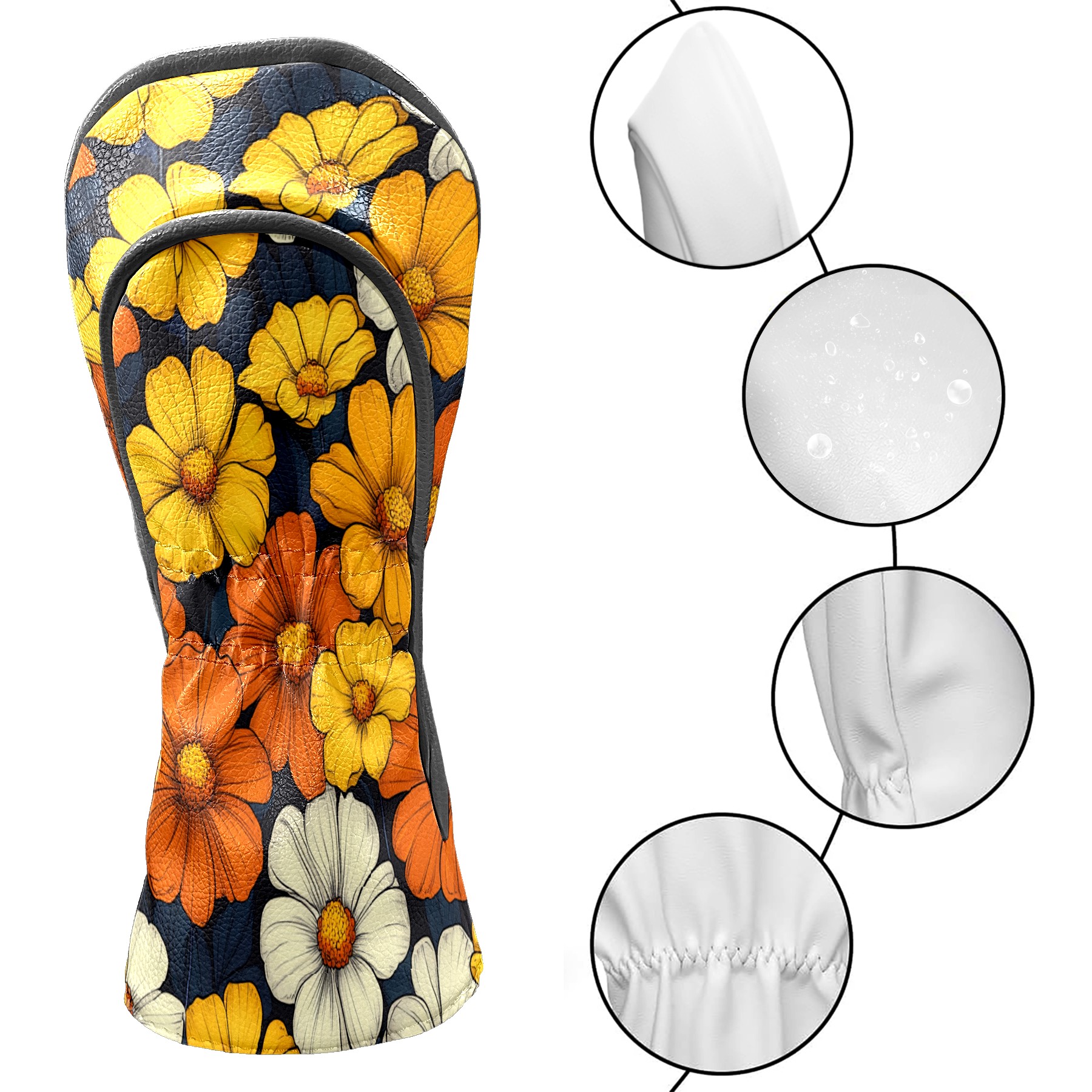 Golf Club Covers PU Leather Waterproof Head Covers for Fairway Woods Hybrids Orange Yellow Flowers