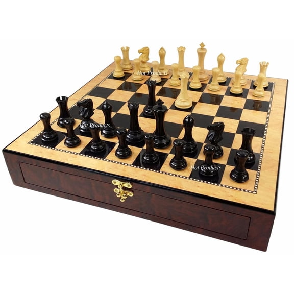 4 Q Black Natural Empire Modern Staunton Wood Chess Set 20" Gloss Storage Board