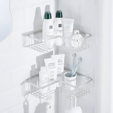 KINCMAX Corner Shower Caddy, Rustproof SUS304 Stainless Steel, Adhesive Wall Mount Double Baskets 2-pack with Built-in Hooks (Polished Silver)