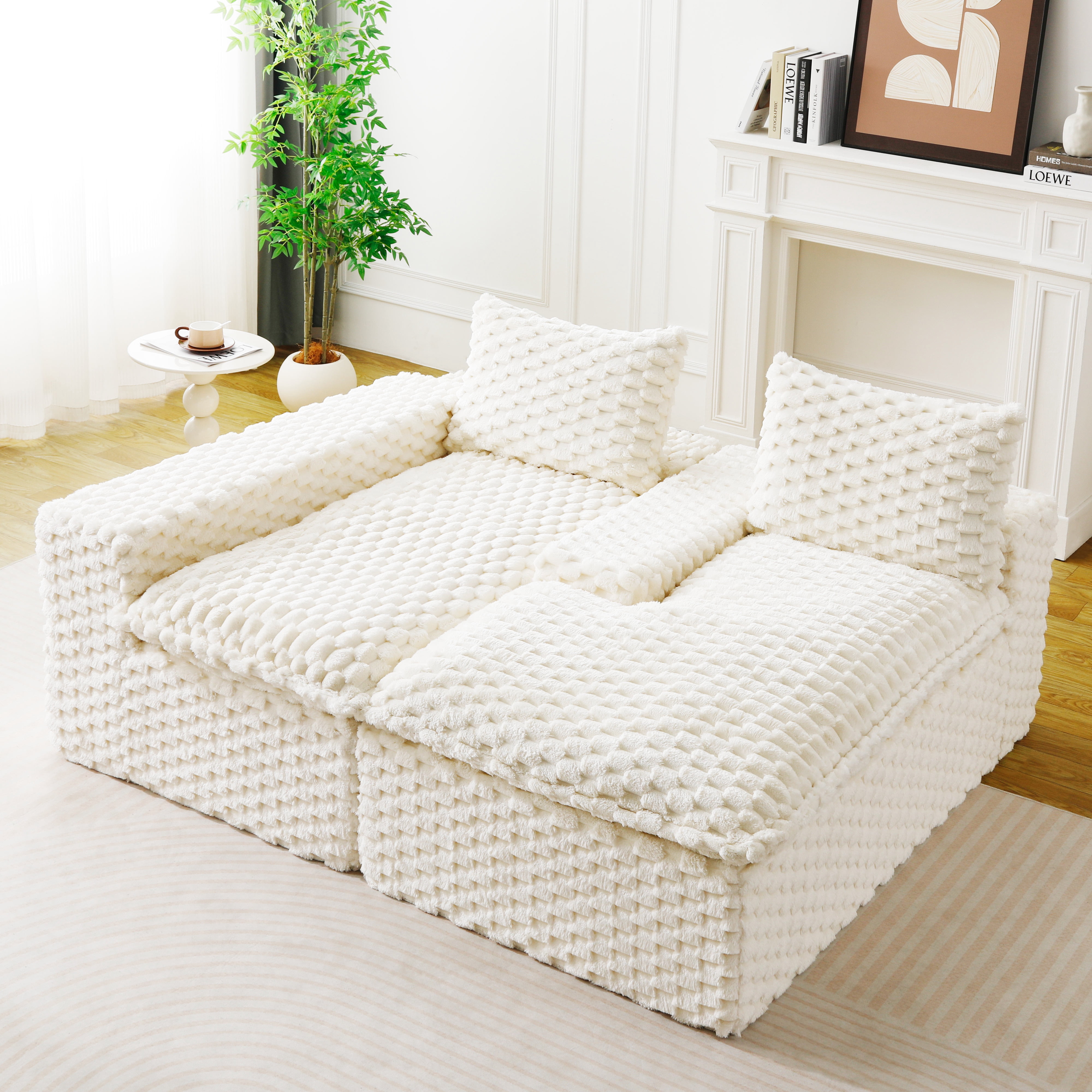 HOQBN 96"W Modular Sectional Sofa,L Shape Modern Corduroy Cloud Couch,Upholstered Deep Seat Boneless Sofa Couch with Left Chaise Lounge for Living Rooms,No Assembly Required,White