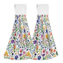 Yayeee Kitchen Hanging Hand Towels Set of 2 with Loop Bathroom Absorbent Tie Towel, Green Wildflower Pattern