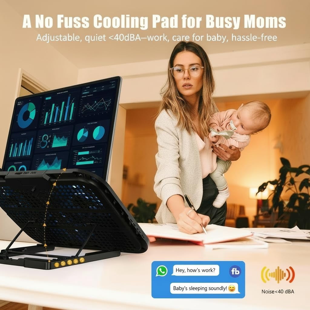 Laptop Cooling Pad with 3 Quiet Fans, 5-Level Height Adjustable Ergonomic Stand, 2 USB Ports & Phone Holder, Fits 12-17 Inch Laptops, Family-Friendly for Gaming/Work/Online Class,