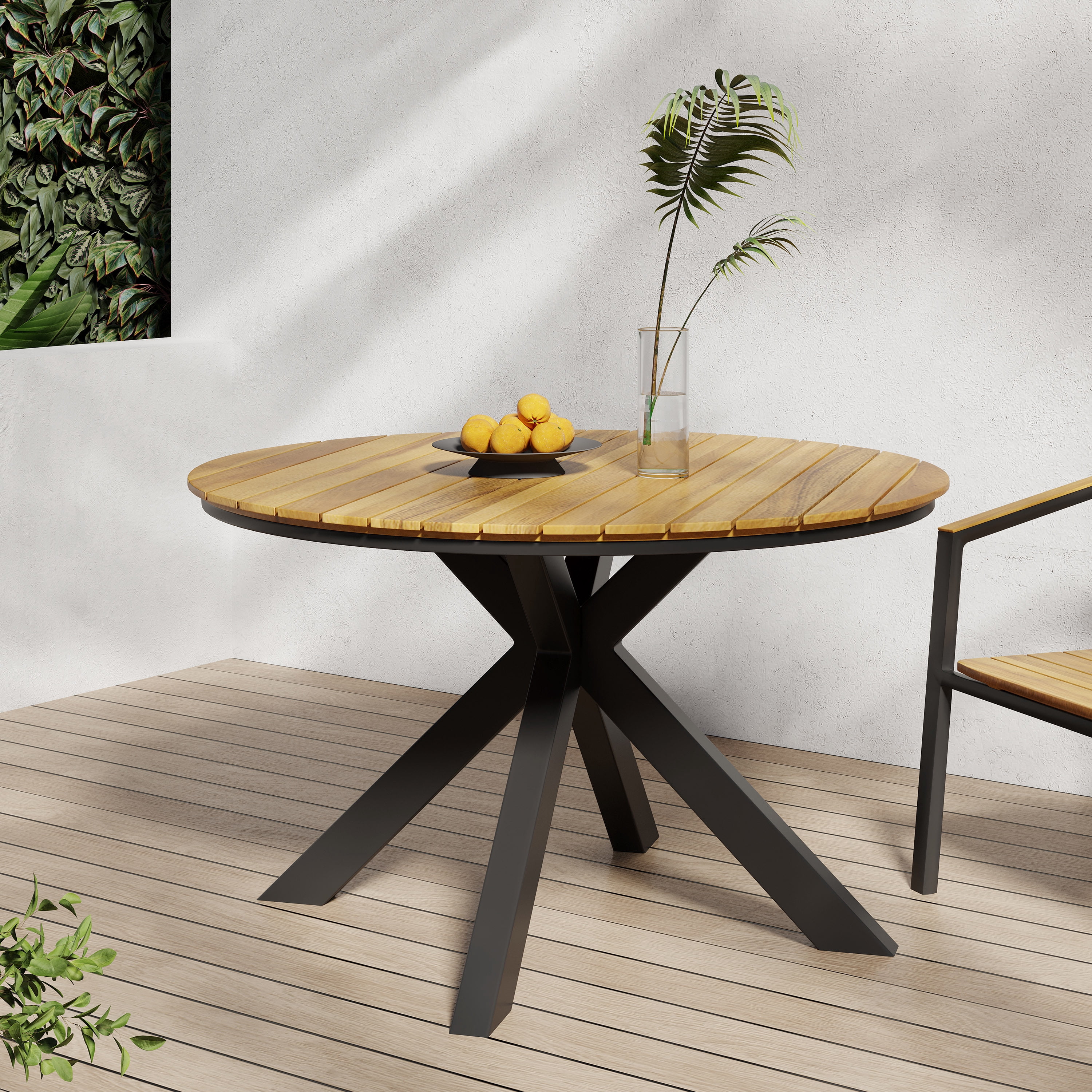 Outdoor Dining Table, Teak Acacia Wood Tabletop and Black Metal Leg for Patio Garden Deck, Teak