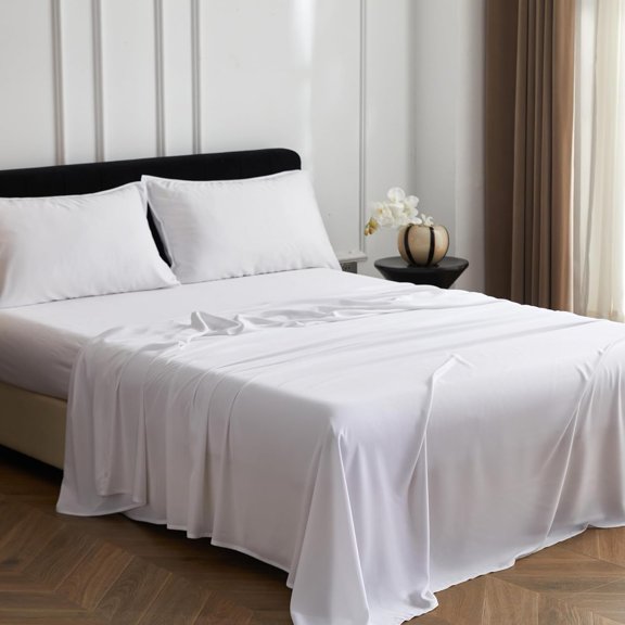 Simple&Opulence 100% Viscose from Bamboo Sheet Set 4Pcs, Cooling for Hot Sleepers, Soft Breathable Bed Sheets Set, 15" Deep Pockets, Luxury Hotel Silky Bedding Sheets (White,King)