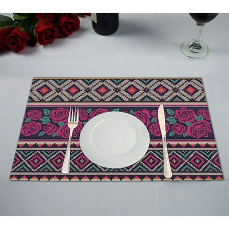 

GCKG Rose Placemat Ethnic Floral Aztec Placemat 12x18 Inch Set of 2