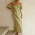 thumbnail image 4 of Lovskoo 2024 Spring Dresses for Women 2024 Trendy Summer Off Shoulder Solid Color Short Sleeve V-Neck Long Dress Green-L, 4 of 8
