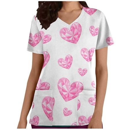 

Plus Size Tops for Women Crop Tops Women s Trendy Short Sleeve V-Neck Tops Working Uniform Happy Valentine s Day Printed with Pocket Blouse Tops T Shirts for Women Valentines Day Shirts White L
