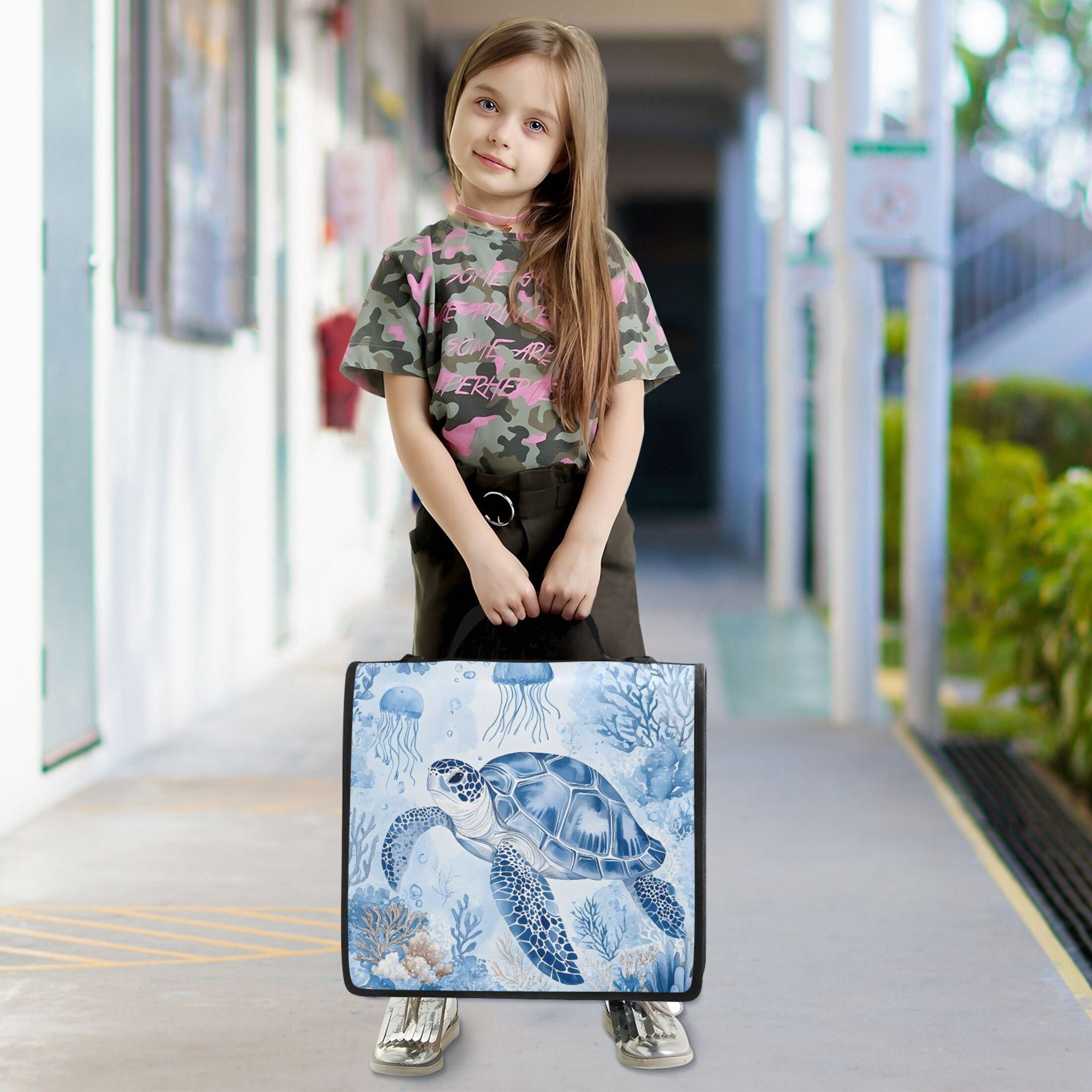 3 Ring Zipper Binder with Shoulder Strap Waterproof Trapper Keeper 2 Inch D-Ring 500 Sheets Capacity Watercolor Turtle Jellyfish