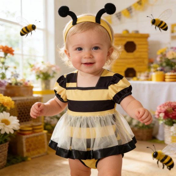 Wuxian Girls Baby Toddler Romper Dress Long Sleeve Square Collar Striped Short Sleeve Ruffles Mesh Bodysuits With Headband 2 Piece Fashionable Elegant Cozy Summer Set,Yellow,9-12 Months