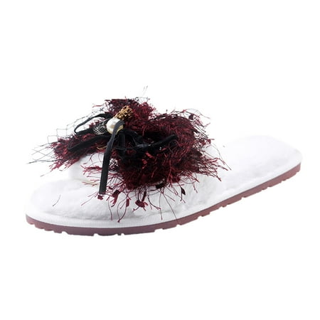 

Cotton slippers for Women with Bow Tie Open Slippers Women Furry Toe Warm Flat Slip On Home Plush Bow Keep Shoes Home Women s Slipper Wine