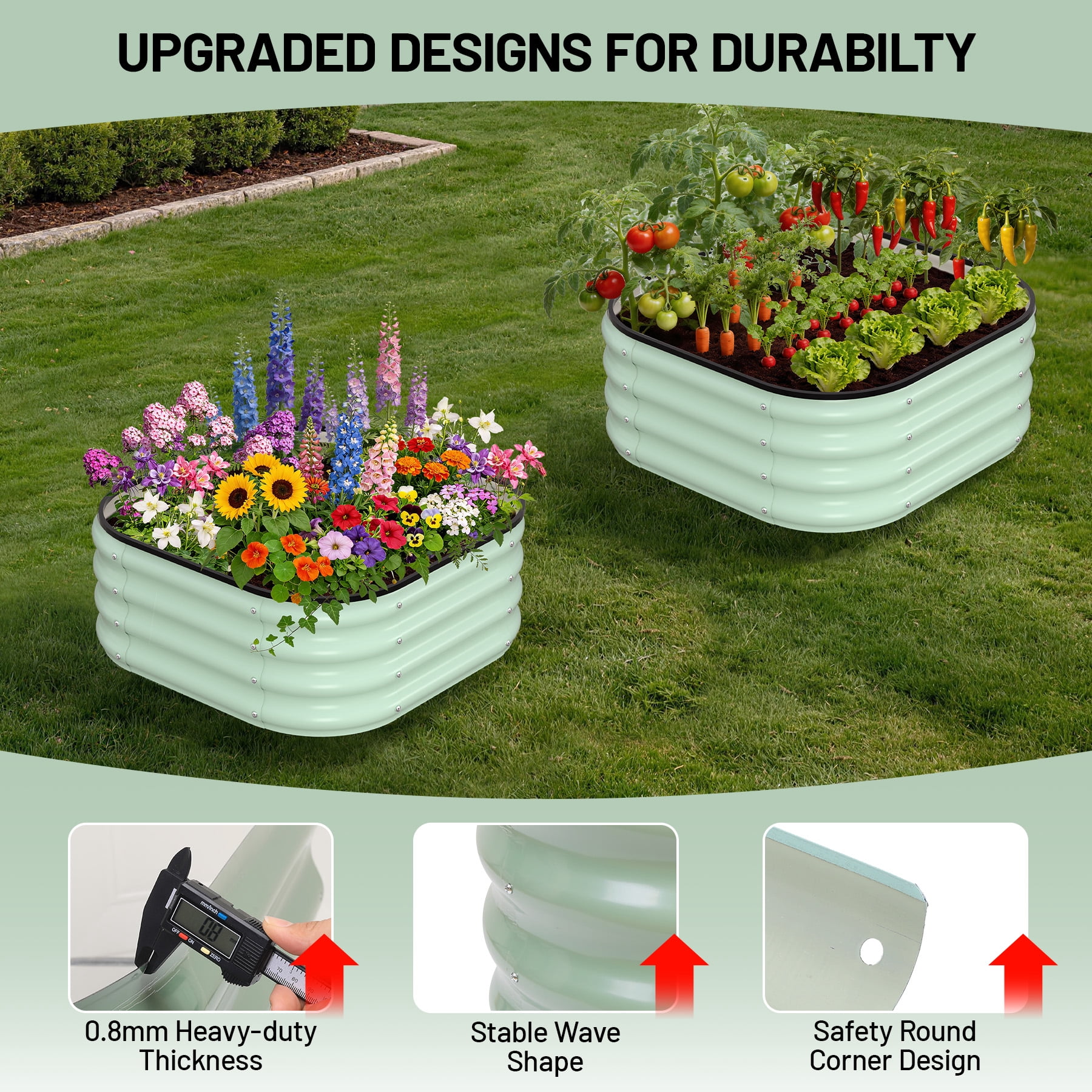 Garvee 2x2x1FT Raised Garden Bed, 2-Pack Metal Planter Boxes, Extra Large Oval Raised Bed for Vegetables Flowers Fruits, Modern Green Outdoor Kit