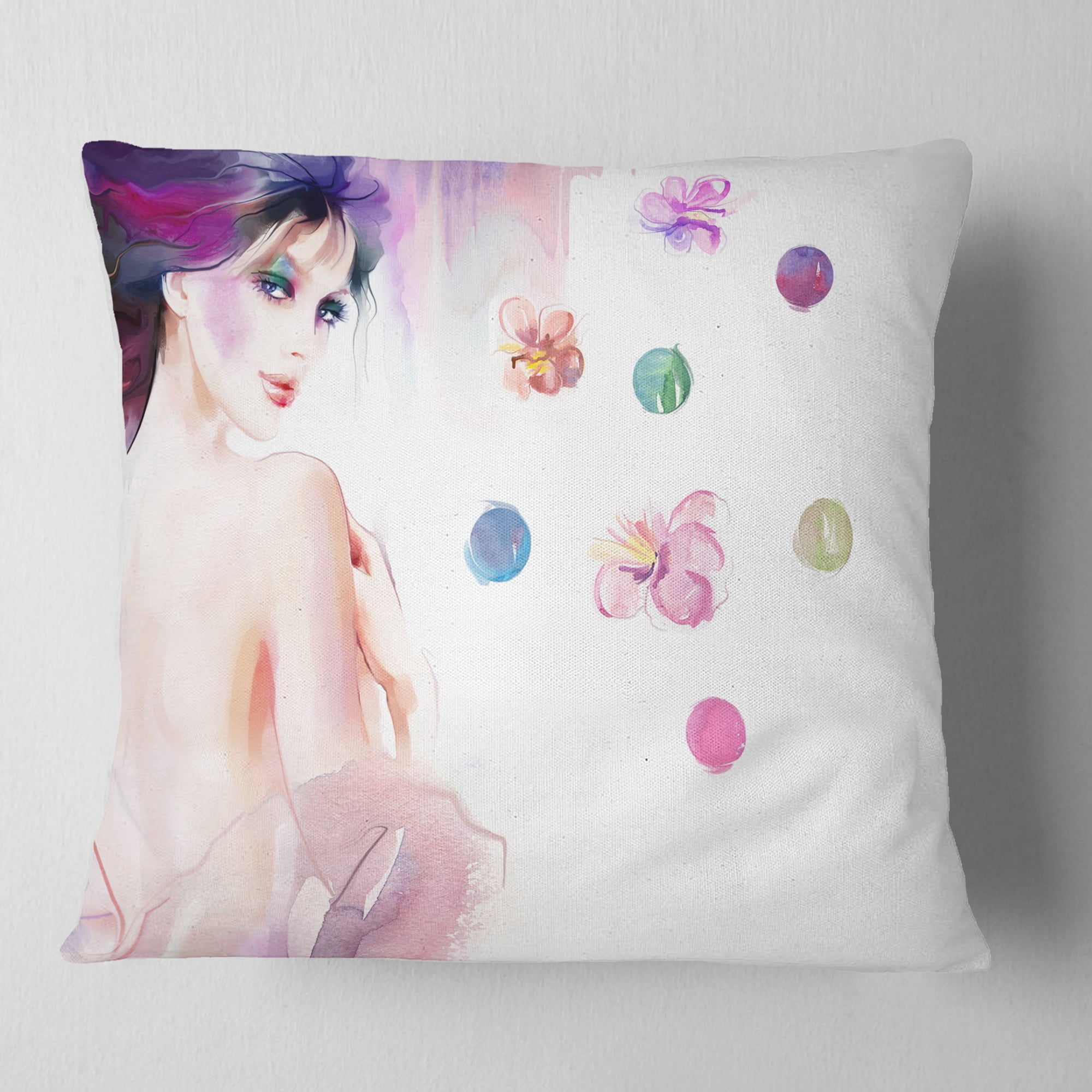 Designart Fashion Woman with Purple Shade - Watercolor Painting Throw Pillow - 16x16