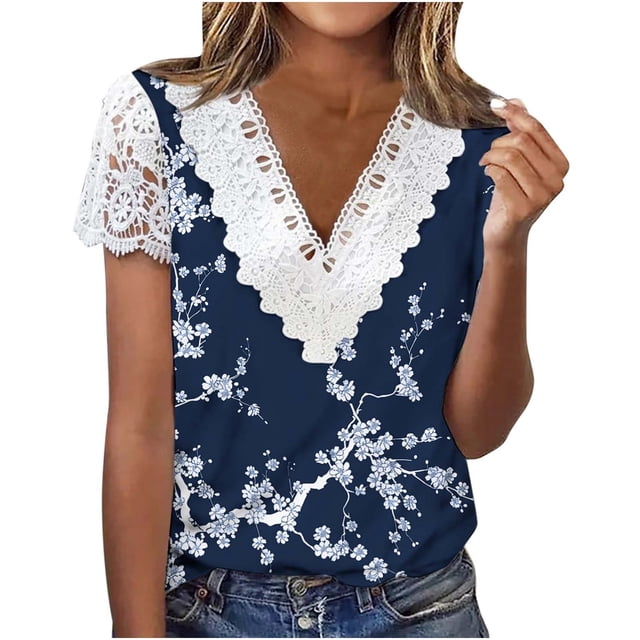 V Cuello Manga Corta Tops para las Mujeres de Verano Pliegue Estampado Blusa, Botón Casual Abajo Camisa para el Uso de la Fiesta de Primavera
