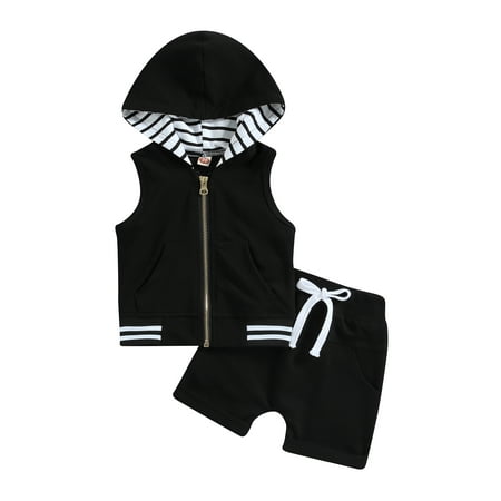 

Calsunbaby Toddler Baby Boys Summer Outfit Sets Sleeveless Zipper Hoodie Solid Color Drawstring Shorts Clothes Black 18-24 Months