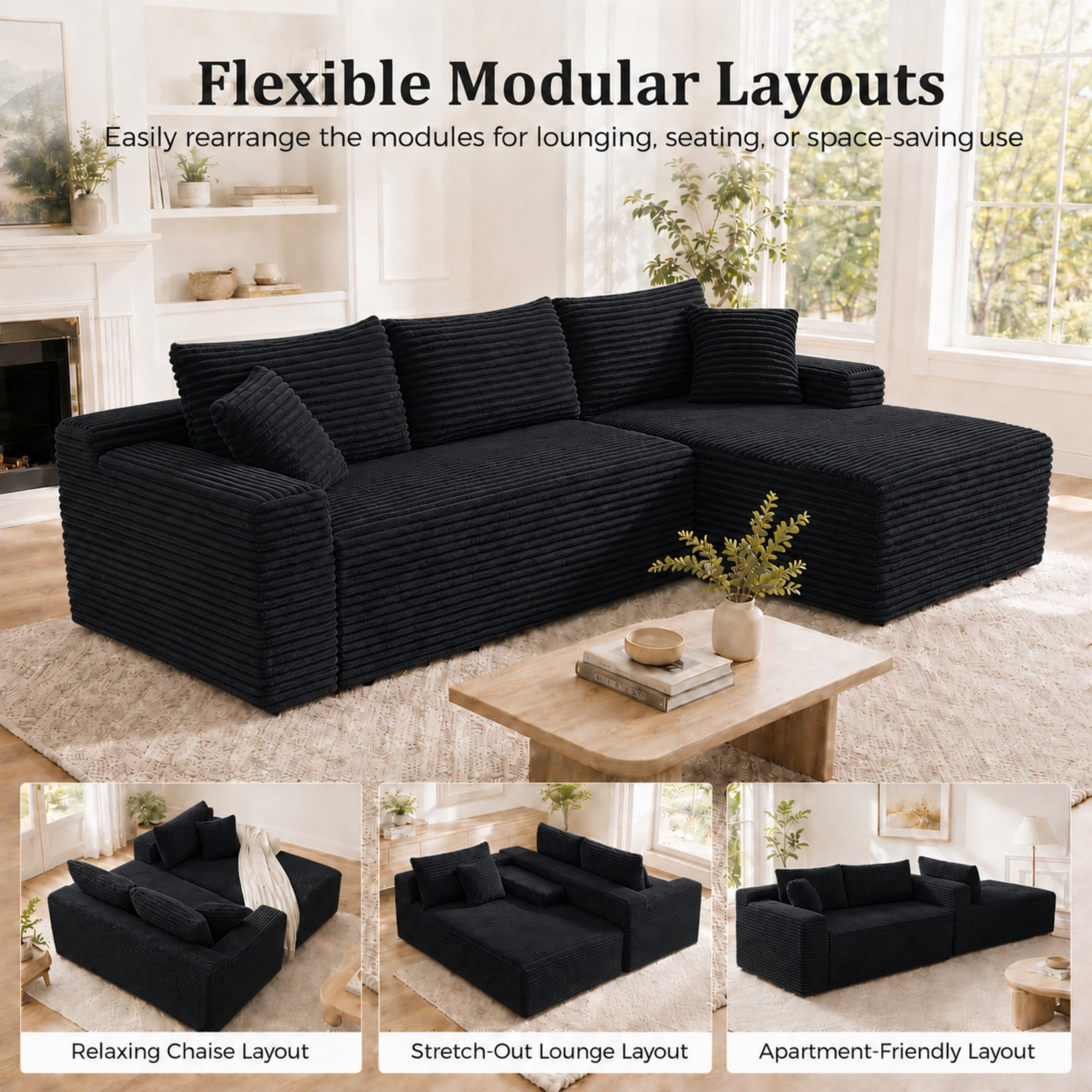 Aenkyo 106 Inch Corduroy L-Shaped Cloud Sectional Sofa with Reversible Chaise, Black