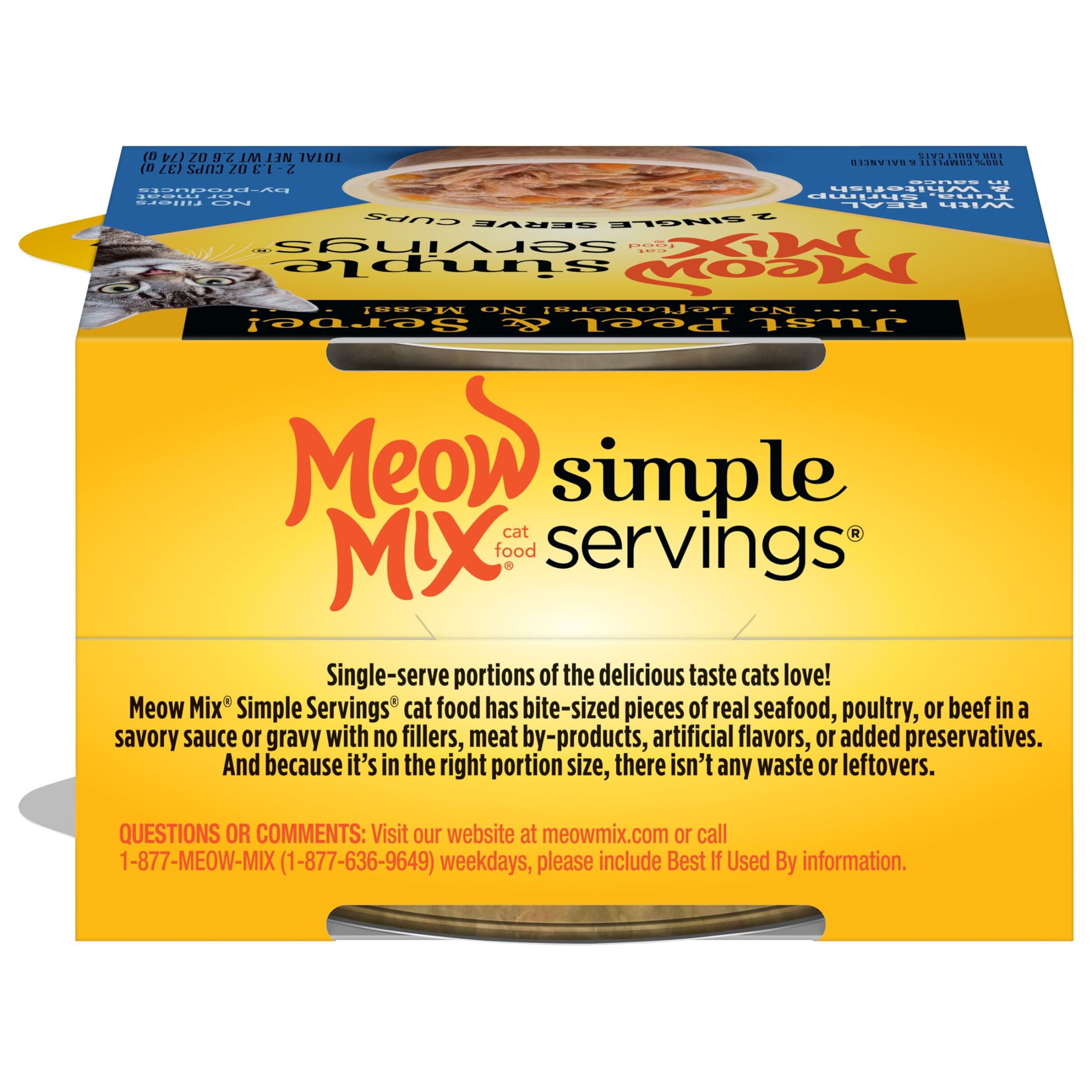 Meow Mix Simple Servings Wet Cat Food with Real Tuna, Shrimp & Whitefish in Sauce, 2.6 oz, Pack of 2 (Packaging May Vary)