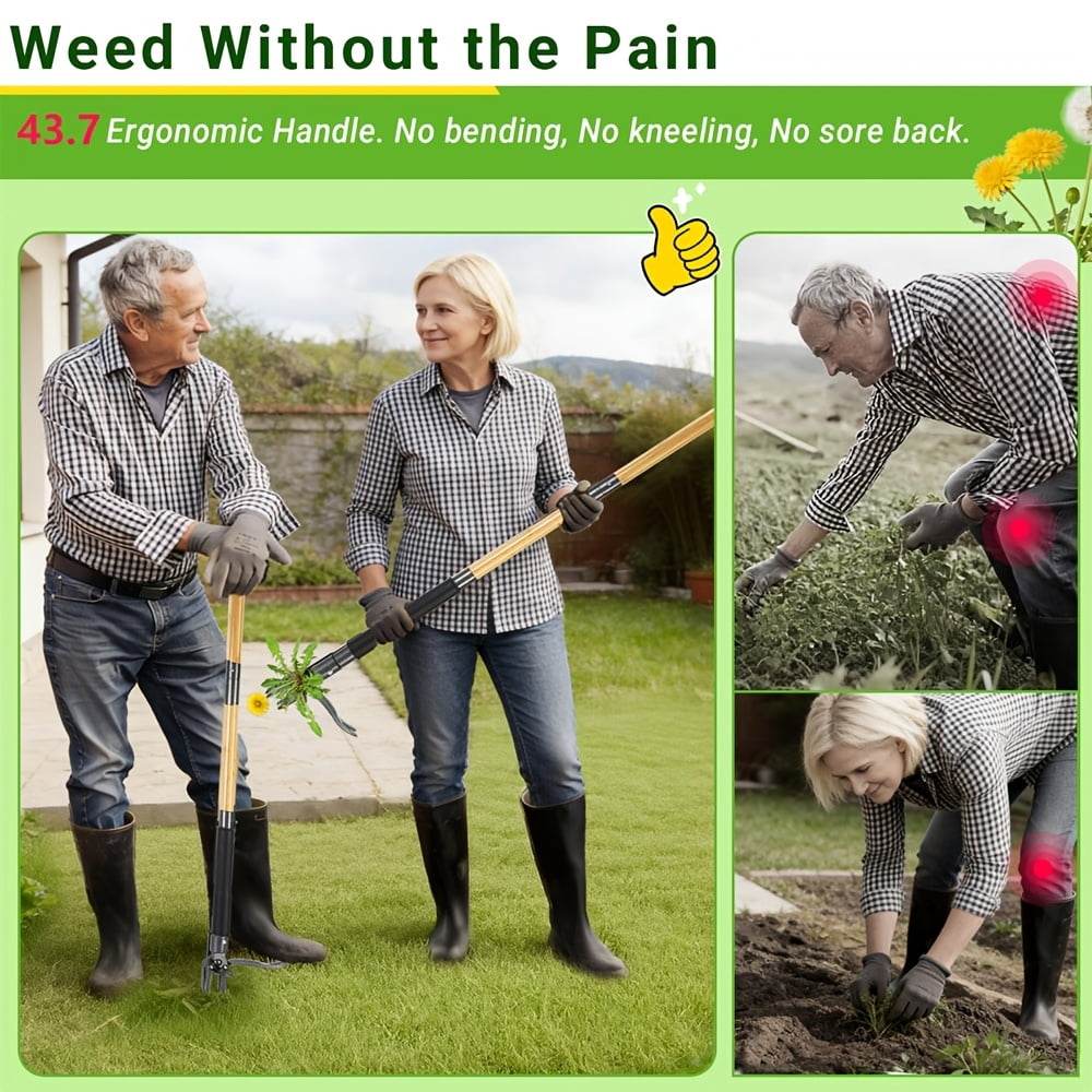 Stand Up Weed Puller With Large Collection Bag, Heavy Duty 4-Claw No-Bend Weeding Tool, Ergonomic Long Handle Root Remover For Lawn & Yard, Effortless Garden Maintenance Kit