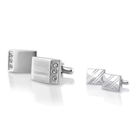 Zodaca Silver Rectangle with 3 Jewel Cufflinks+Silver Square Diagonal Ribbed Cuff Links