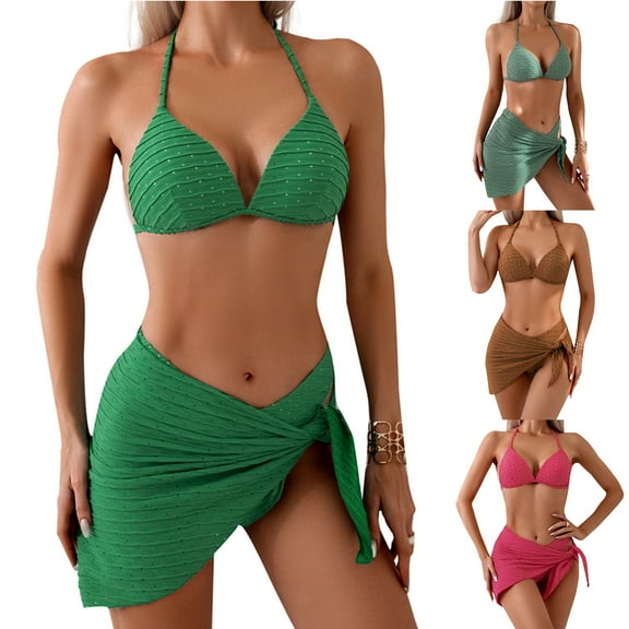 Jacenvly 2024 Bikini Swimsuits for Women Comfortable Women Deep V-Wave Swimsuit Split Swimsuit Multicolor Fashion Beach Dresses for Women Casual Summer Brown