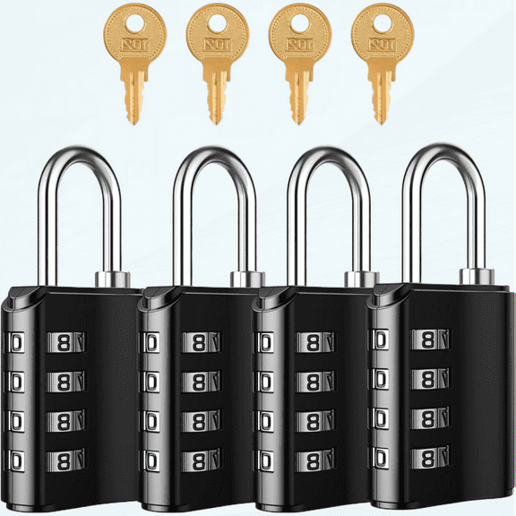 Outdoor Combination Padlock, 4 Digit Combination Lock with Key, Heavy Duty Weatherproof Gym Locker Lock with 2 Keys, for Fence, Case, Toolbox, 4 Pack, Black