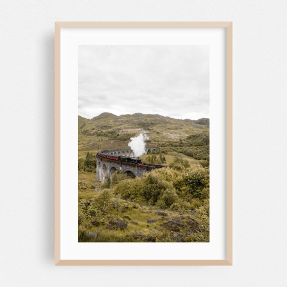 Jacobite Steam - Scotland United Kingdom Photography Train Railroad Bridge Landscape Nature Scenic Travel Poster Oak Framed Wall Art Print 20 x 30 inches