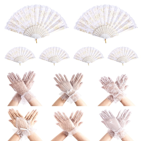 6 Pairs Women's Lace Gloves with 6 Pcs Rose Hand Fans,Tea Party Gloves for Women Elegant White Lace Glove for Wedding Bridal Prom Summer Tea Party