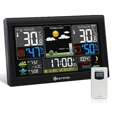 Wireless Weather Station with Outfdoor Sensor 8.8'' LCD Digital Thermometer Hygrometer,WWVB Radio Alarm Clock,Barometer,Weather Forecast,City Sunrise Sunset Time,Calender,Moon Phase