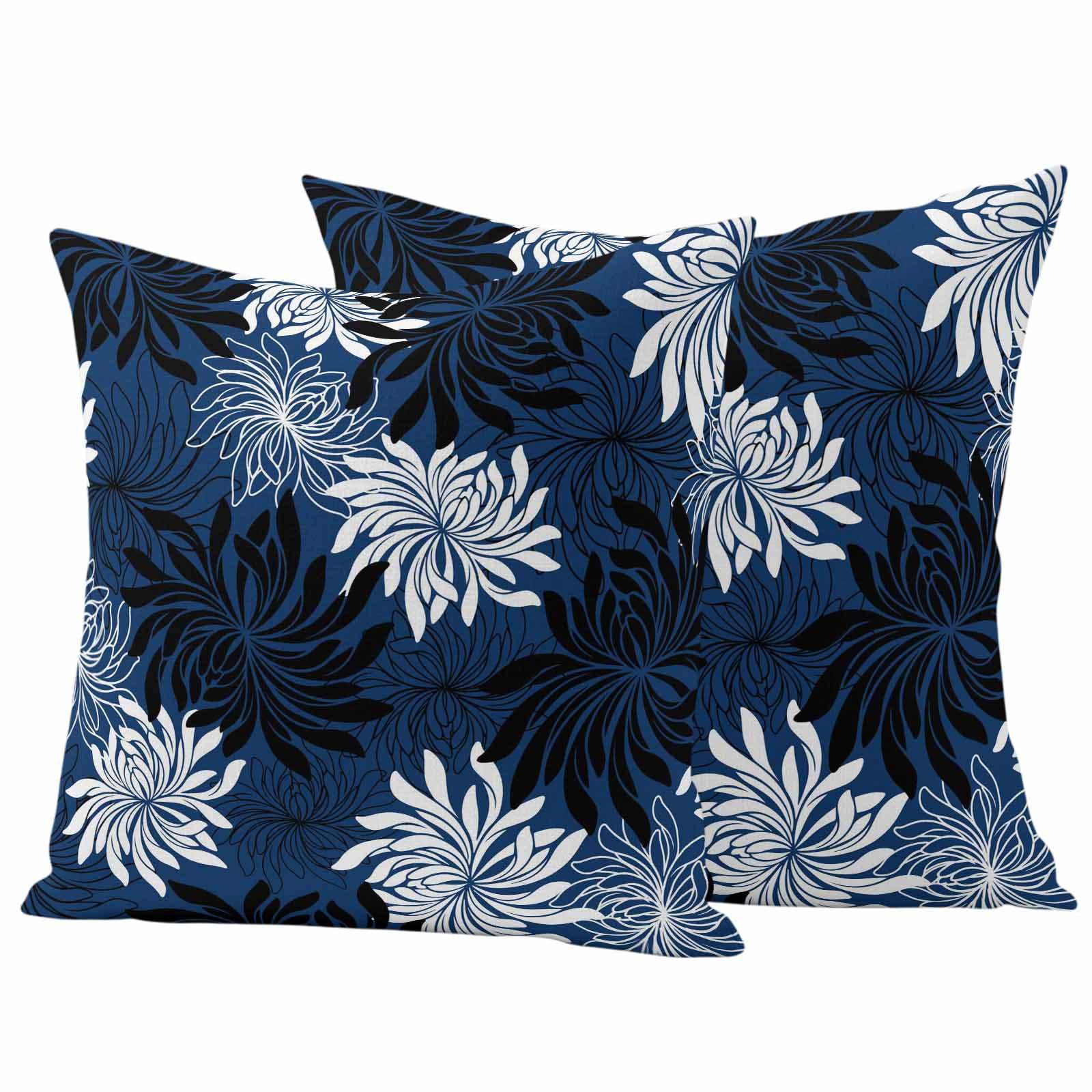 Blue Black Flowers Outdoor Waterproof Throw Pillow Covers 20x20 Set of 2, Modern Abstract Blooms Floral Decorative Pillowcases Cushion Pillowcase for Couch Sofa Patio Outside Pillow Protector