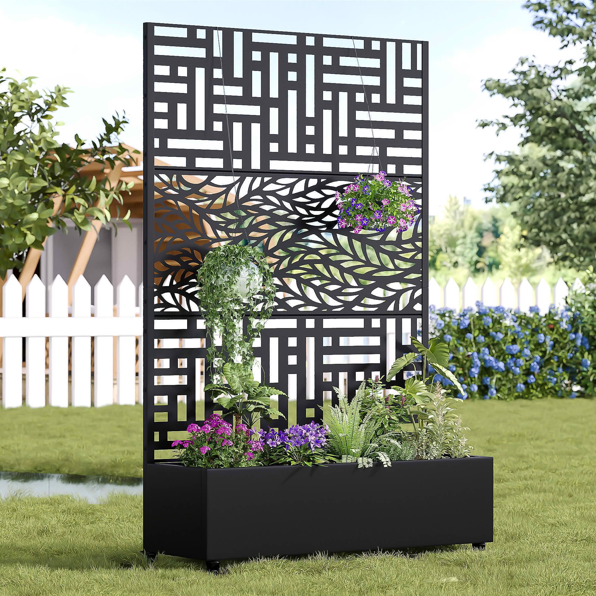 MAYEERTY 72x47x16 Inch Black Metal Planter Box with Trellis for Outdoor Garden & Patio