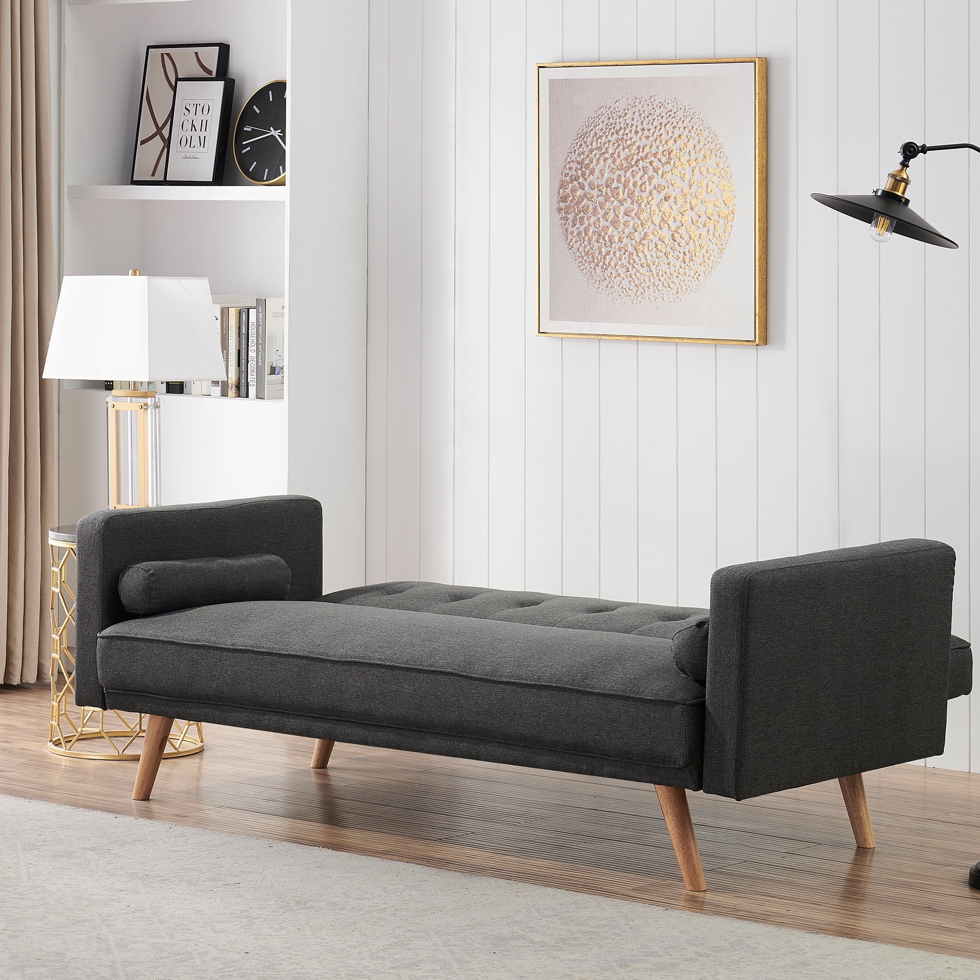 Aukfa Convertible Futon Sofa Bed, Arm Couch for Home Office, Solid Wood Legs, 2 Pillows, Gray