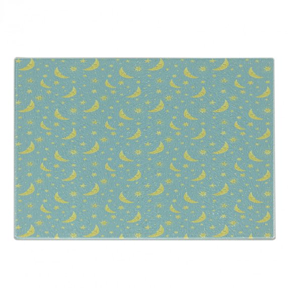 Yellow and Blue Cutting Board, Doodle Night Sky with Pastel Crescent Moon and Stars Sleeping, Decorative Tempered Glass Cutting and Serving Board, Small Size, Pale Blue and Yellow, by Ambesonne