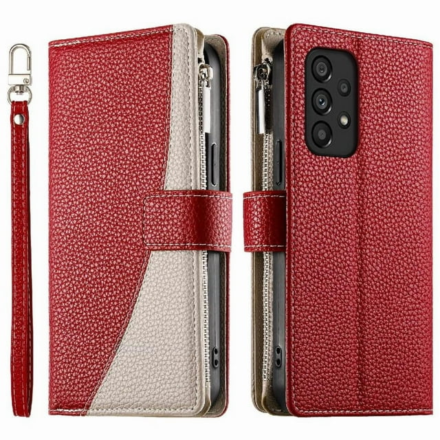 Funda cartera GANGXUN para Samsung Galaxy A53 5G , cuero PU con tarjetero, cremallera, correa de mano, soporte y protección 459°