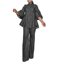 ZACPNCV Women's Two-piece New Solid Color Denim High-neck Buttoned Straight Pants Suit Long-sleeved Round Neck Top/shirt Suit Black