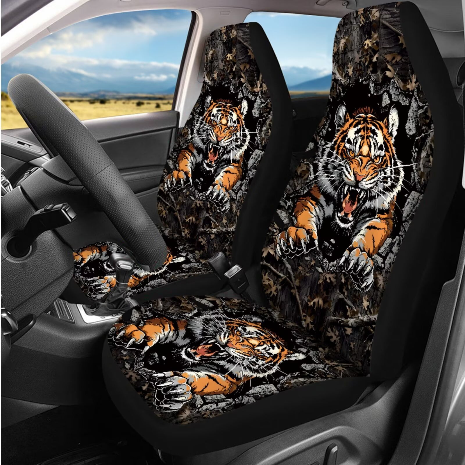 Uorisanigo Camo Tiger 14 Pcs Car Seat Covers Full Set with Auto Steering Wheel Cover Armrest Cushion Protector Seat Belt Covers Automotive Interior Sets Unverisal Fit Cars SUV Turcks