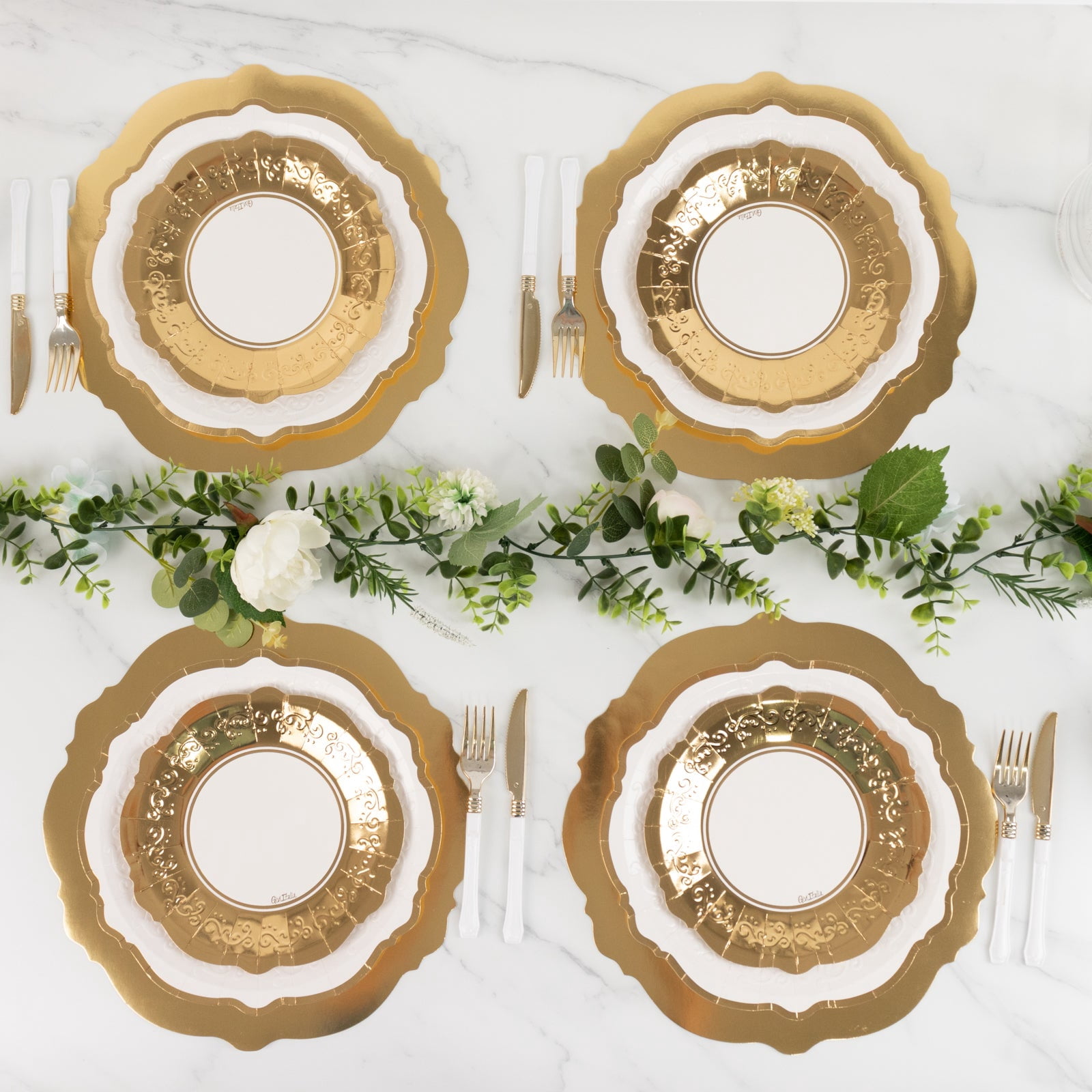 Efavormart 75 Pcs White Gold Heavy Duty Paper Plates with Embossed Scalloped Rim, Round Disposable Charger Dinner Salad Party Plates - 8",10",13"