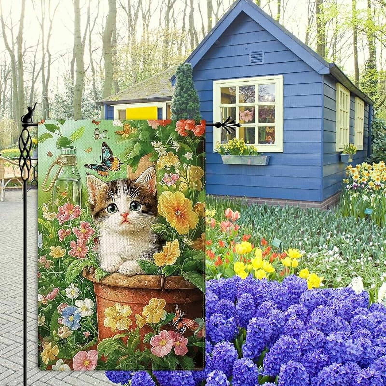 Spring Cute Cat Garden Flag Spring Summer Butterfly Floral Flowers Garden Flag Vertical Double Sided Rustic Farmland Burlap Yard Lawn Outdoor Decor