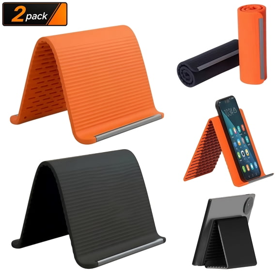 Phone Stand, Flexible Silicone Phone Holder, Multi-Angle Adjustable iPhone Stand and iPhone Holder for Mobile Phones, Tablets & Small Devices, Portable Foldable Bendable Phone Stand (Orange   Black)