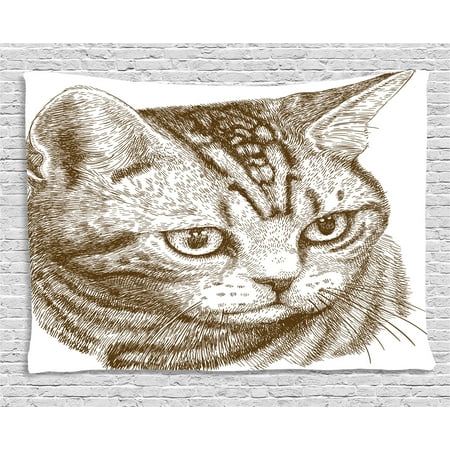 Cat Tapestry, Portrait of a Kitty Domestic Animal Hipster Best Company Fluffy Pet Graphic Art, Wall Hanging for Bedroom Living Room Dorm Decor, 60W X 40L Inches, Chocolate White, by